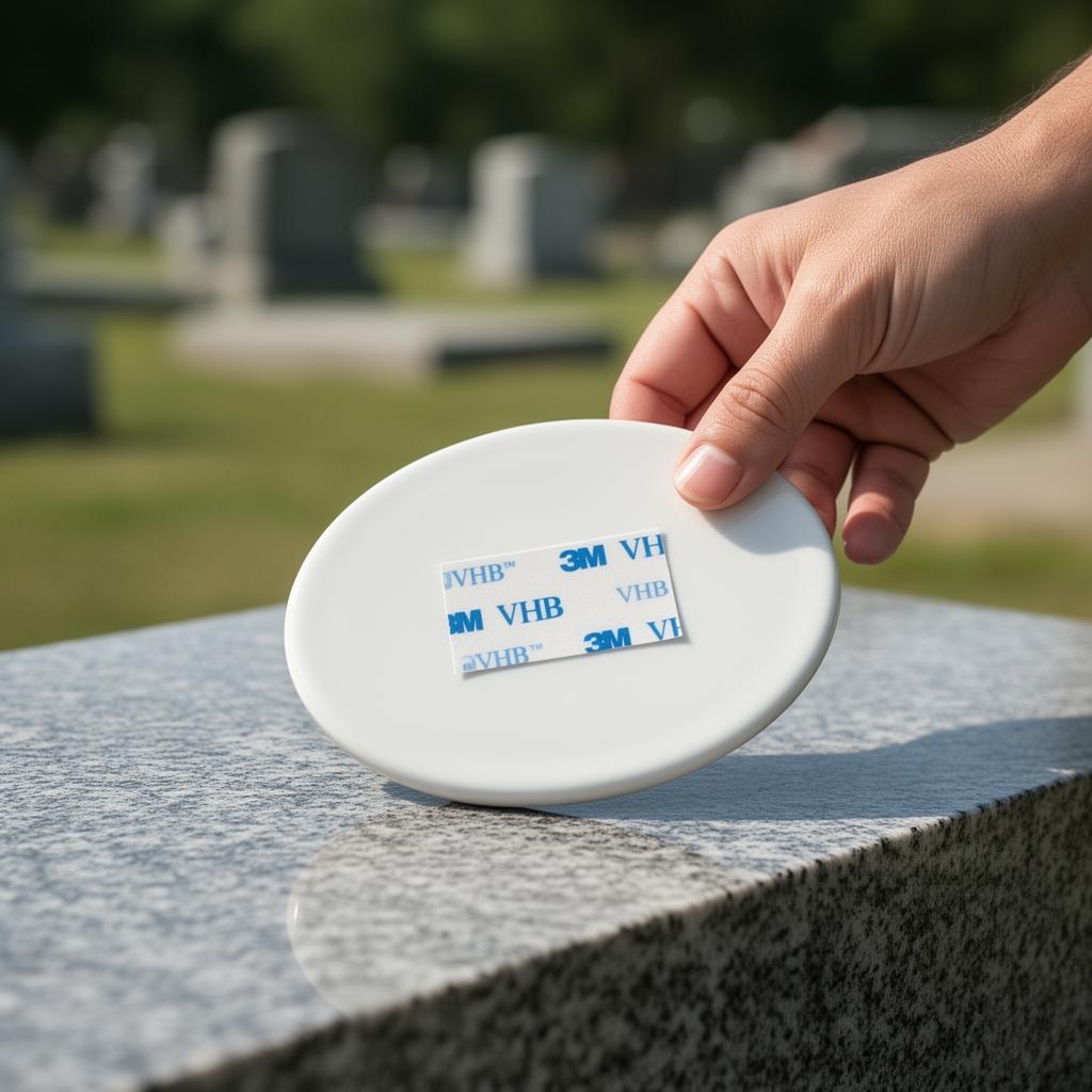 Pressing a porcelain memorial portrait onto a granite headstone with 3M VHB mounting tape visible on the back.