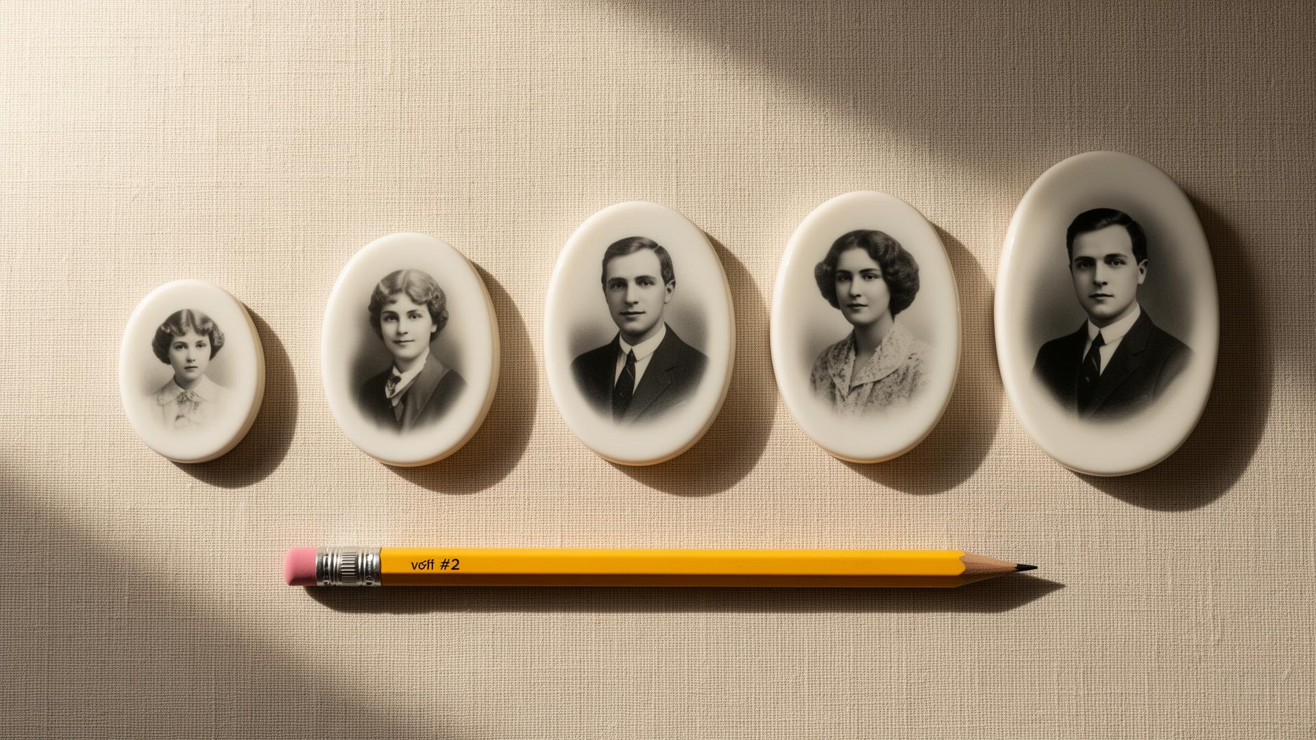 Five oval porcelain memorial portrait sizes arranged from smallest to largest, with a #2 pencil beneath for size reference.